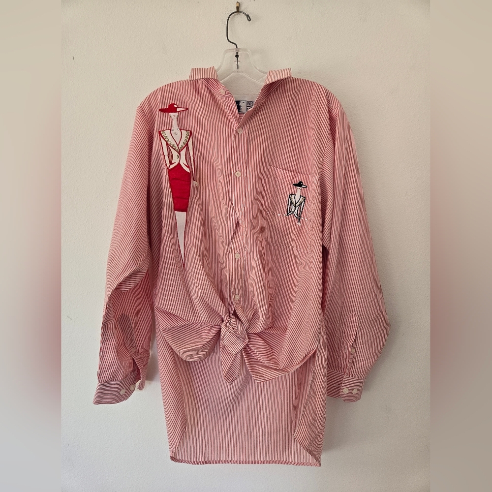 EInfinity Fashions Red Stripe Button Down Shirtmbroidered Art Top XL